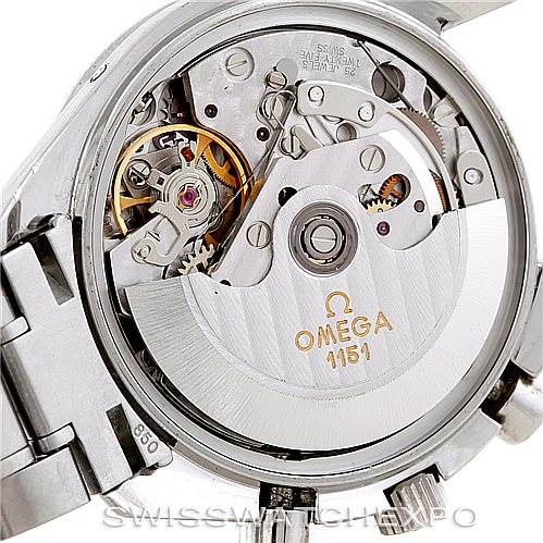 The image shows the case back of an Omega Speedmaster 3220.50.00 Men
s Stainless Steel Black Dial 3220.50.00 Men
s Stainless Steel Black Dial watch, highlighting the detailed view of its automatic movement and rotor.