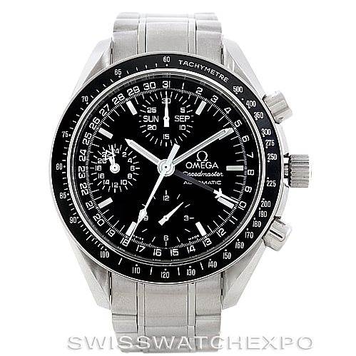 This image shows a front view of an Omega Speedmaster 3220.50.00 Men
s Stainless Steel Black Dial 3220.50.00 Men
s Stainless Steel Black Dial watch, highlighting the dial, subdials, tachymeter bezel, and metal bracelet.