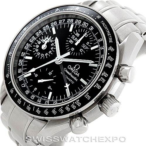 This image shows the front and right side of an Omega Speedmaster 3220.50.00 Men
s Stainless Steel Black Dial 3220.50.00 Men
s Stainless Steel Black Dial watch, highlighting its dial, tachymeter bezel, and crown.
