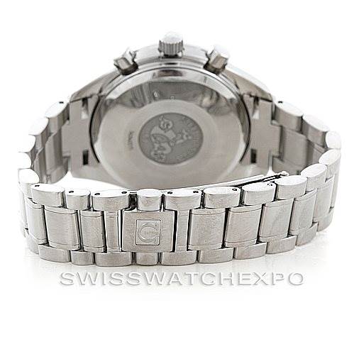 The image shows the back view of an Omega Speedmaster 3220.50.00 Men
s Stainless Steel Black Dial 3220.50.00 Men
s Stainless Steel Black Dial watch, highlighting the stainless steel bracelet and clasp.