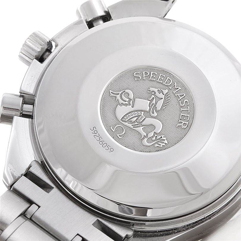 The image shows the case back of an Omega Speedmaster 3513.50.00 Men
s Stainless Steel Black Dial 3513.50.00 Men
s Stainless Steel Black Dial watch with the logo and some serial numbers visible.