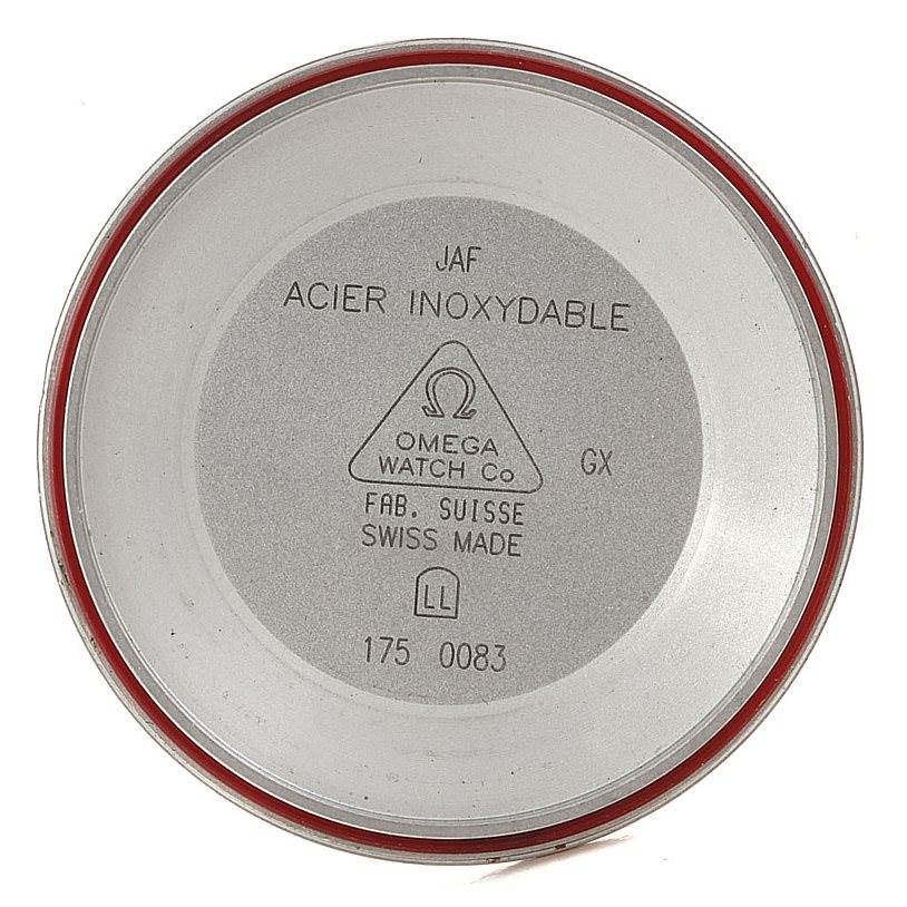 The image shows the inside of the case back of an Omega Speedmaster 3513.50.00 Men
s Stainless Steel Black Dial 3513.50.00 Men
s Stainless Steel Black Dial watch, inscribed with brand information.