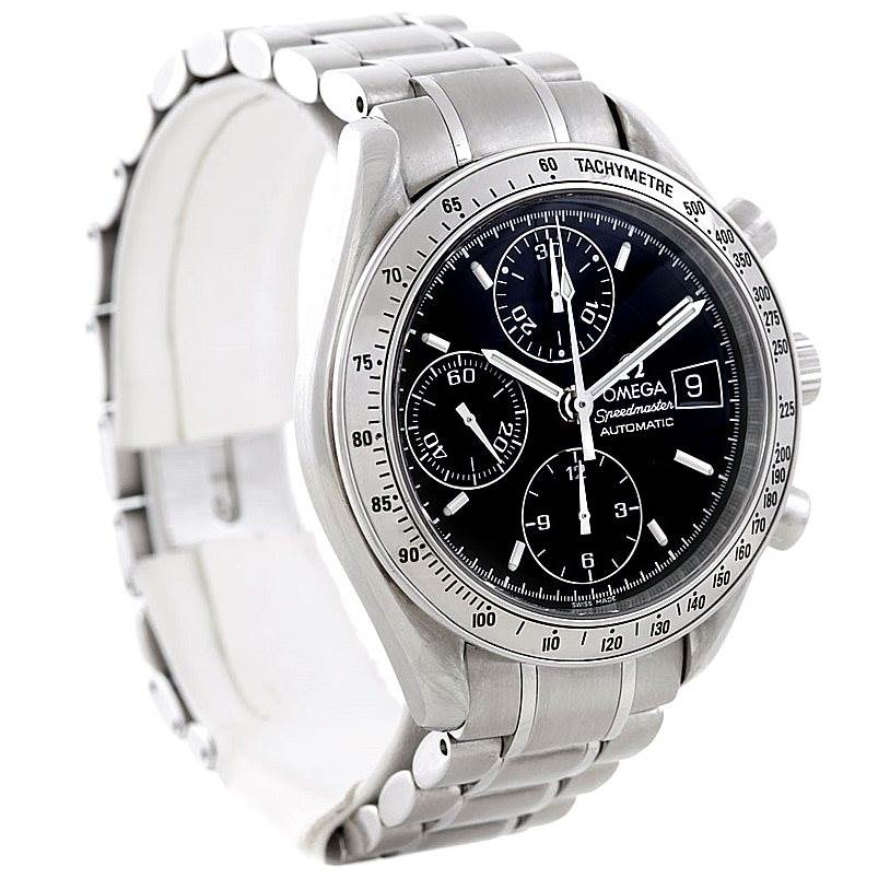 The Omega Speedmaster 3513.50.00 Men
s Stainless Steel Black Dial 3513.50.00 Men
s Stainless Steel Black Dial watch is shown at an oblique angle, highlighting its face, bezel, and stainless steel bracelet.