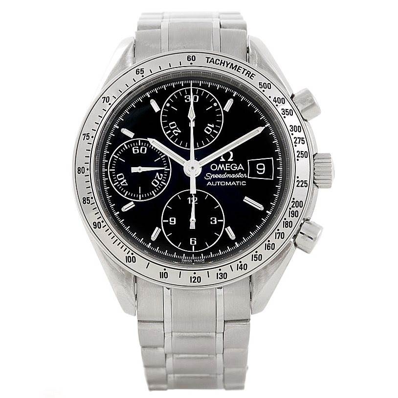 The Omega Speedmaster 3513.50.00 Men
s Stainless Steel Black Dial 3513.50.00 Men
s Stainless Steel Black Dial watch is shown from the front, highlighting its dial, subdials, tachymeter bezel, and metal bracelet.