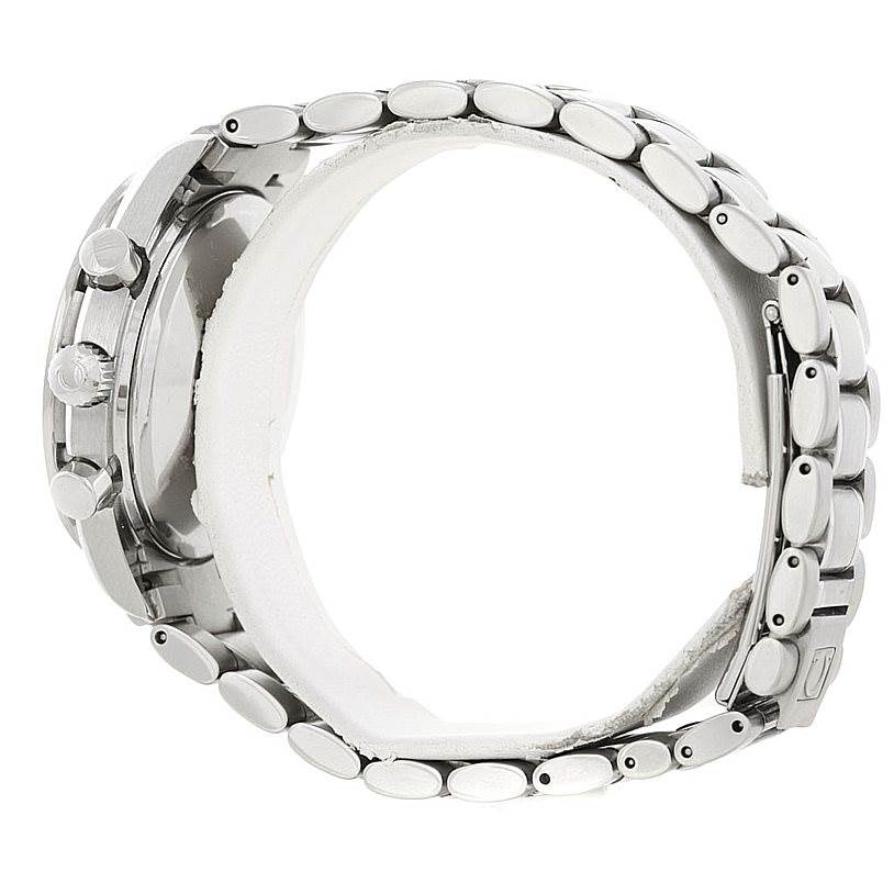 This side-view image of the Omega Speedmaster 3513.50.00 Men
s Stainless Steel Black Dial 3513.50.00 Men
s Stainless Steel Black Dial watch displays its case, crown, pushers, and stainless steel bracelet.