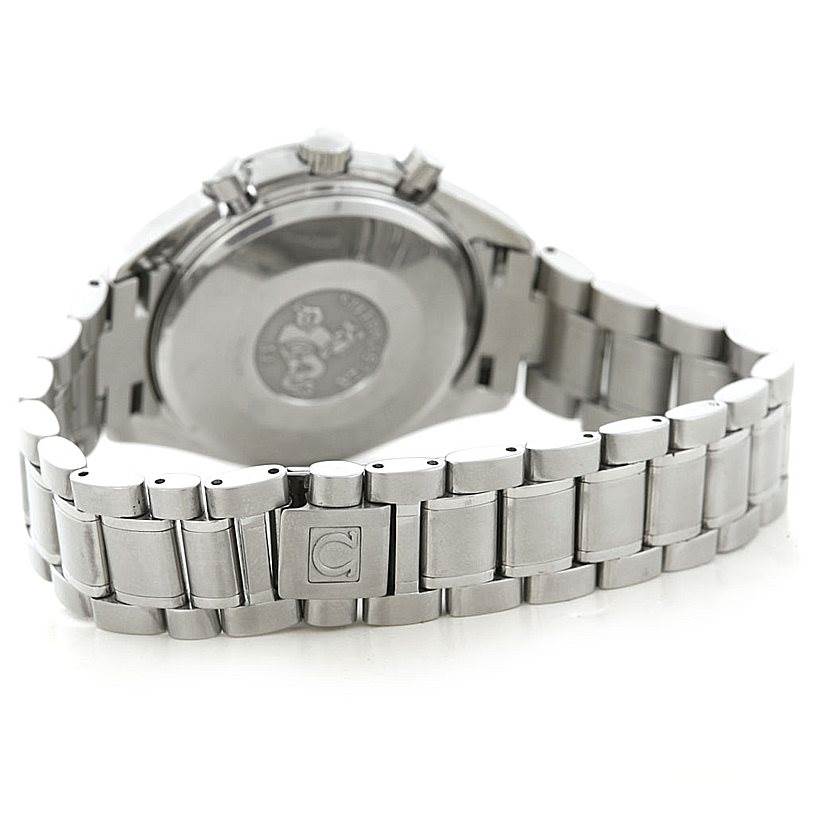 The image shows the back case and bracelet of an Omega Speedmaster 3513.50.00 Men
s Stainless Steel Black Dial 3513.50.00 Men
s Stainless Steel Black Dial watch from a rear angle.