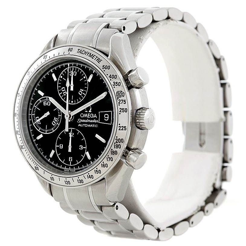The image shows a side-angle view of an Omega Speedmaster 3513.50.00 Men
s Stainless Steel Black Dial 3513.50.00 Men
s Stainless Steel Black Dial watch, highlighting its dial, tachymeter bezel, and stainless steel bracelet.