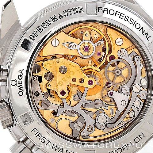 The image shows the back view of an Omega Speedmaster 3572.50.00 Men
s Stainless Steel Black Dial 3572.50.00 Men
s Stainless Steel Black Dial watch, displaying its intricate mechanical movement.