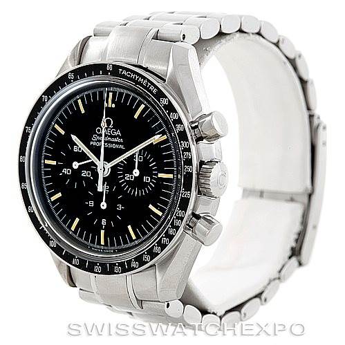 The image shows a front and side view of the Omega Speedmaster 3572.50.00 Men
s Stainless Steel Black Dial 3572.50.00 Men
s Stainless Steel Black Dial, highlighting its face, bezel, chronograph buttons, and bracelet.