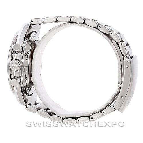 The image shows a side profile of the Omega Speedmaster 3572.50.00 Men
s Stainless Steel Black Dial 3572.50.00 Men
s Stainless Steel Black Dial watch, highlighting the case, crown, and bracelet.