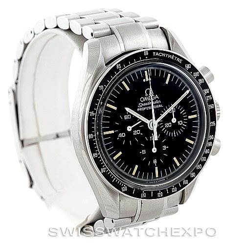 The image shows an Omega Speedmaster 3572.50.00 Men
s Stainless Steel Black Dial 3572.50.00 Men
s Stainless Steel Black Dial watch from an angled side view, highlighting the face, tachymeter bezel, crown, and stainless steel bracelet.