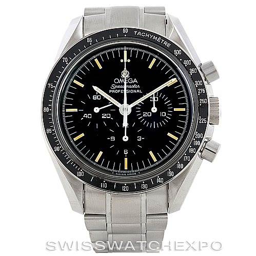 The image shows the front view of an Omega Speedmaster 3572.50.00 Men
s Stainless Steel Black Dial 3572.50.00 Men
s Stainless Steel Black Dial watch, displaying the face, bezel, and metal bracelet.