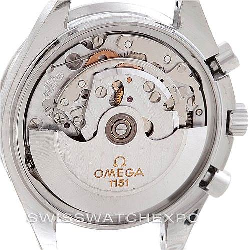 This image shows the back view of an Omega Speedmaster 3523.30.00 Men
s Stainless Steel Silver Dial 3523.30.00 Men
s Stainless Steel Silver Dial watch, revealing its exposed mechanical movement.
