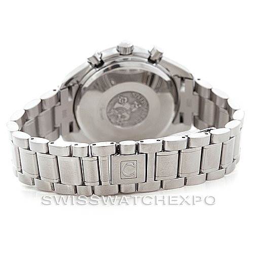 The image shows the back view of the Omega Speedmaster 3523.30.00 Men
s Stainless Steel Silver Dial 3523.30.00 Men
s Stainless Steel Silver Dial watch, highlighting its stainless steel bracelet and case back.