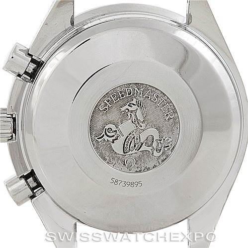 The image shows the case back of an Omega Speedmaster 3523.30.00 Men
s Stainless Steel Silver Dial 3523.30.00 Men
s Stainless Steel Silver Dial watch, featuring its emblem and the serial number "58739895."