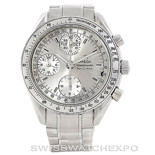 This image shows a frontal view of an Omega Speedmaster 3523.30.00 Men
s Stainless Steel Silver Dial 3523.30.00 Men
s Stainless Steel Silver Dial watch, highlighting its dial, subdials, tachymeter bezel, and stainless steel bracelet.