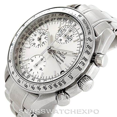 The image shows a silver Omega Speedmaster 3523.30.00 Men
s Stainless Steel Silver Dial 3523.30.00 Men
s Stainless Steel Silver Dial watch at an angled view, highlighting its face, chronograph dials, and pushers.