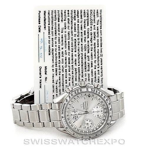 The image shows an Omega Speedmaster 3523.30.00 Men
s Stainless Steel Silver Dial 3523.30.00 Men
s Stainless Steel Silver Dial watch positioned at an angle with a document partially visible behind it.