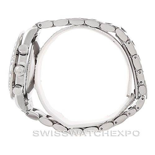 This image shows a side view of the Omega Speedmaster 3523.30.00 Men
s Stainless Steel Silver Dial 3523.30.00 Men
s Stainless Steel Silver Dial watch displaying the watch case, crown, push buttons, and bracelet.
