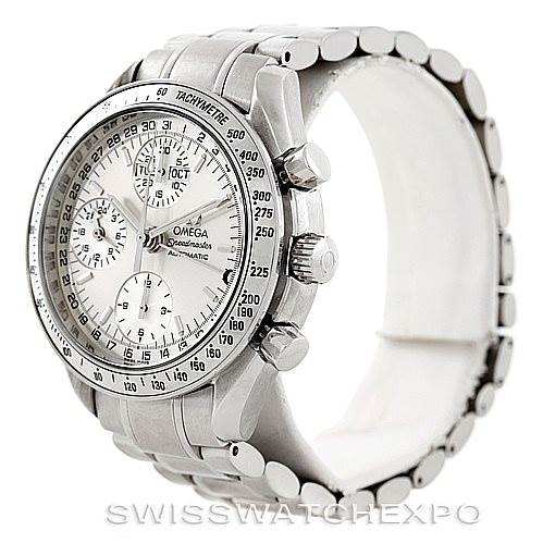 The image shows a side angled view of an Omega Speedmaster 3523.30.00 Men
s Stainless Steel Silver Dial 3523.30.00 Men
s Stainless Steel Silver Dial watch, highlighting its dial, bezel, and stainless steel bracelet.