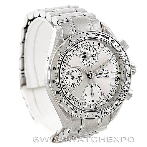 This image shows an Omega Speedmaster 3523.30.00 Men
s Stainless Steel Silver Dial 3523.30.00 Men
s Stainless Steel Silver Dial watch from a three-quarter angle, displaying its face, tachymeter bezel, and stainless steel bracelet.