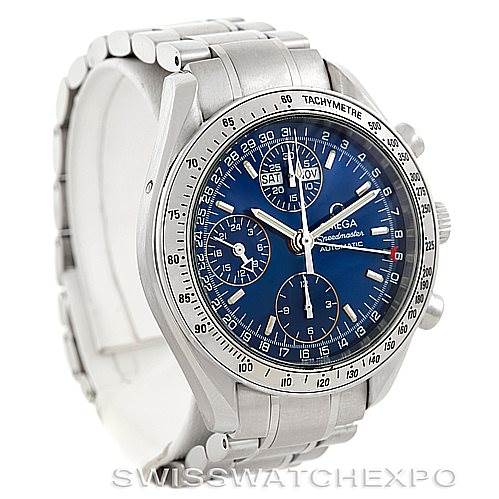 The image shows an angled view of an Omega Speedmaster 3523.80.00 Men
s Stainless Steel Blue Dial 3523.80.00 Men
s Stainless Steel Blue Dial watch featuring its blue dial, stainless steel case, and bracelet.