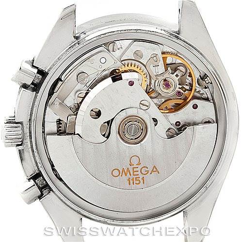 The image shows the back view of the Omega Speedmaster 3523.80.00 Men
s Stainless Steel Blue Dial 3523.80.00 Men
s Stainless Steel Blue Dial watch, displaying its internal movement mechanism with "Omega 1151" engraved.