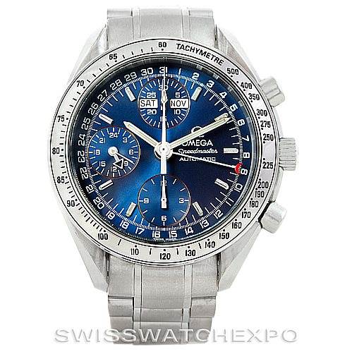 The image shows a front view of an Omega Speedmaster 3523.80.00 Men
s Stainless Steel Blue Dial 3523.80.00 Men
s Stainless Steel Blue Dial watch, including its dial, case, and metal bracelet.