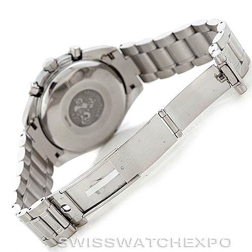 This image shows the back and bracelet of the Omega Speedmaster 3523.80.00 Men
s Stainless Steel Blue Dial 3523.80.00 Men
s Stainless Steel Blue Dial watch, focusing on the case back and clasp mechanism.