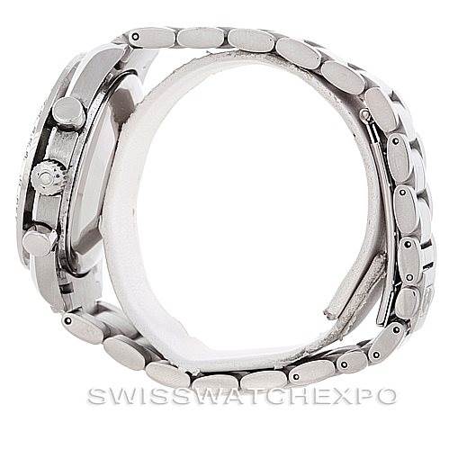 The image shows a side view of the Omega Speedmaster 3523.80.00 Men
s Stainless Steel Blue Dial 3523.80.00 Men
s Stainless Steel Blue Dial, highlighting the watch case, crown, pushers, and metal bracelet.