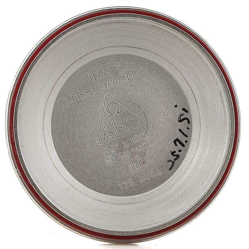 This image shows the inner side of the case back for an Omega Speedmaster 3513.30.00 Men
s Stainless Steel Silver Dial 3513.30.00 Men
s Stainless Steel Silver Dial watch, with branding and model details visible.