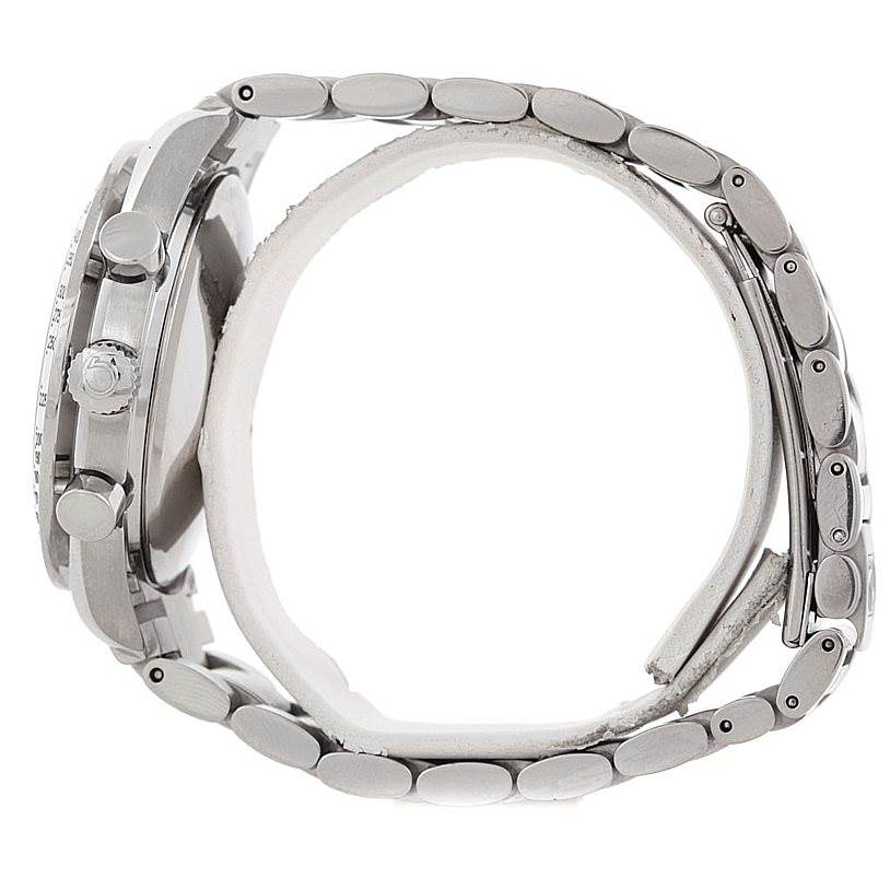 The image shows a side view of an Omega Speedmaster 3513.30.00 Men
s Stainless Steel Silver Dial 3513.30.00 Men
s Stainless Steel Silver Dial, highlighting its stainless steel case, crown, chronograph pushers, and bracelet.