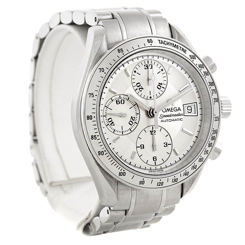 The Omega Speedmaster 3513.30.00 Men
s Stainless Steel Silver Dial 3513.30.00 Men
s Stainless Steel Silver Dial watch is shown at an angled view, highlighting the dial, tachymeter bezel, subdials, date window, and bracelet.