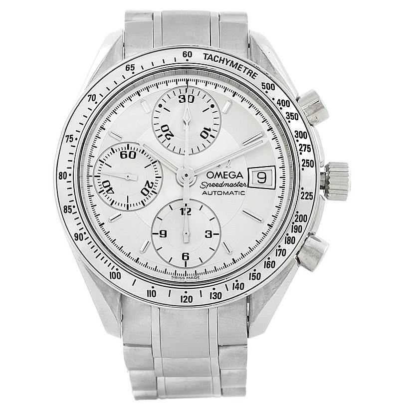 The image shows a front view of an Omega Speedmaster 3513.30.00 Men
s Stainless Steel Silver Dial 3513.30.00 Men
s Stainless Steel Silver Dial watch, highlighting the face, bezel, and bracelet.