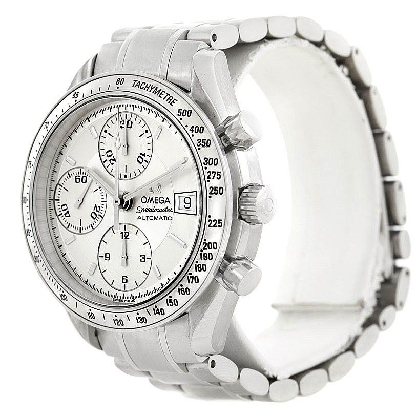 The image shows an Omega Speedmaster 3513.30.00 Men
s Stainless Steel Silver Dial 3513.30.00 Men
s Stainless Steel Silver Dial watch from a front/side angle, highlighting its white dial, subdials, bezel, and bracelet.