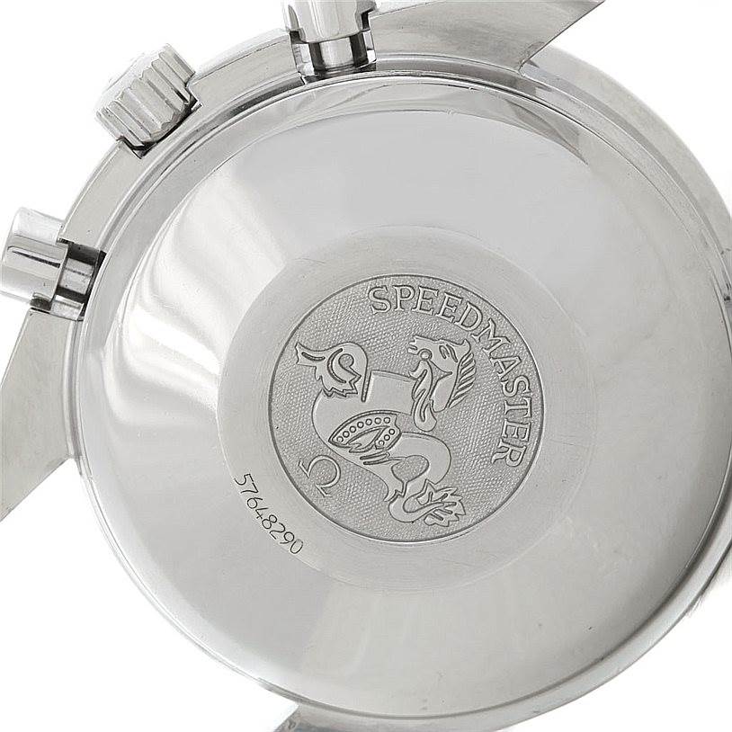 This image shows the case back and crown of an Omega Speedmaster 3513.30.00 Men
s Stainless Steel Silver Dial 3513.30.00 Men
s Stainless Steel Silver Dial watch, featuring the Speedmaster engraving.