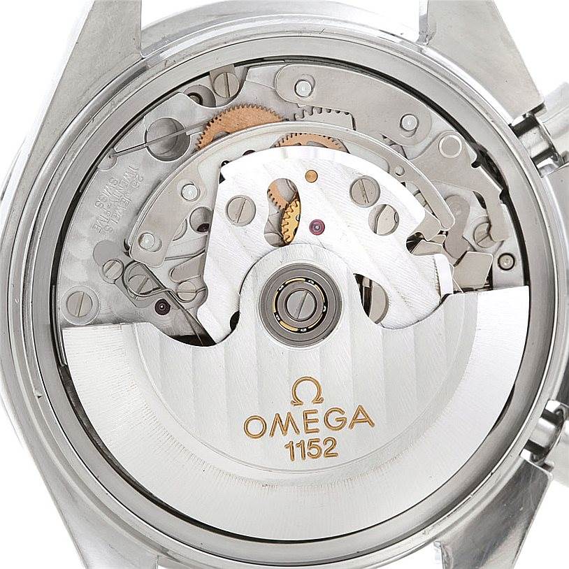 This image shows the back view of the Omega Speedmaster 3513.30.00 Men
s Stainless Steel Silver Dial 3513.30.00 Men
s Stainless Steel Silver Dial watch, revealing the intricate movement and Omega 1152 engraved on the rotor.
