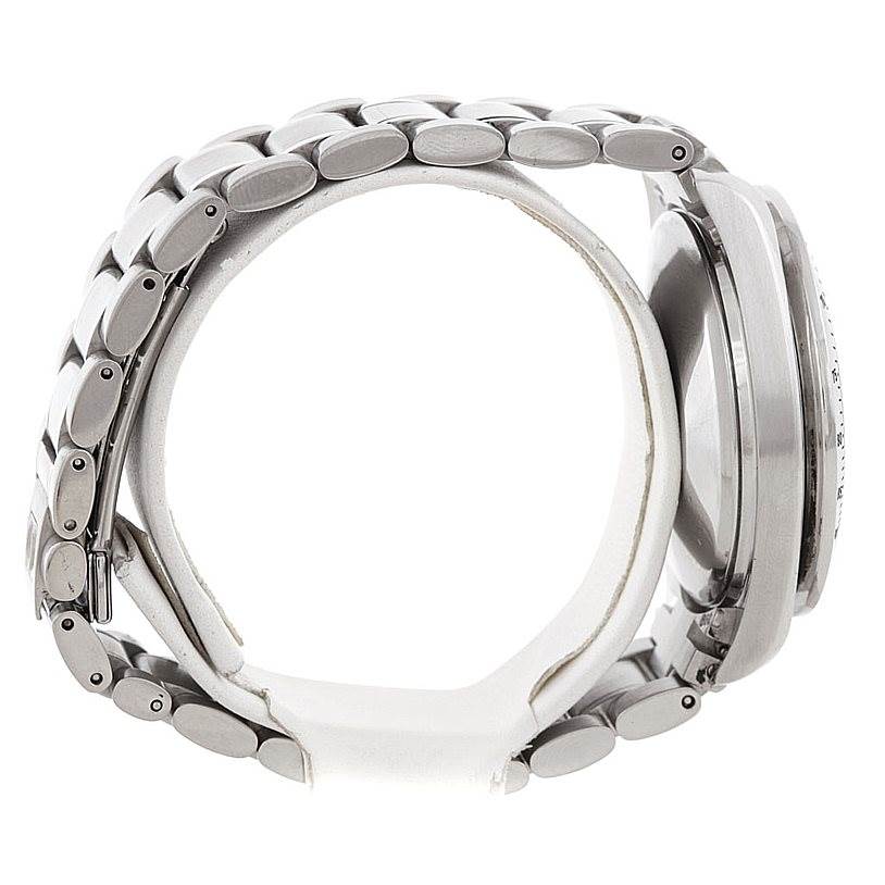 The Omega Speedmaster 3513.30.00 Men
s Stainless Steel Silver Dial 3513.30.00 Men
s Stainless Steel Silver Dial watch is shown from a side angle, highlighting the metal bracelet and case profile.