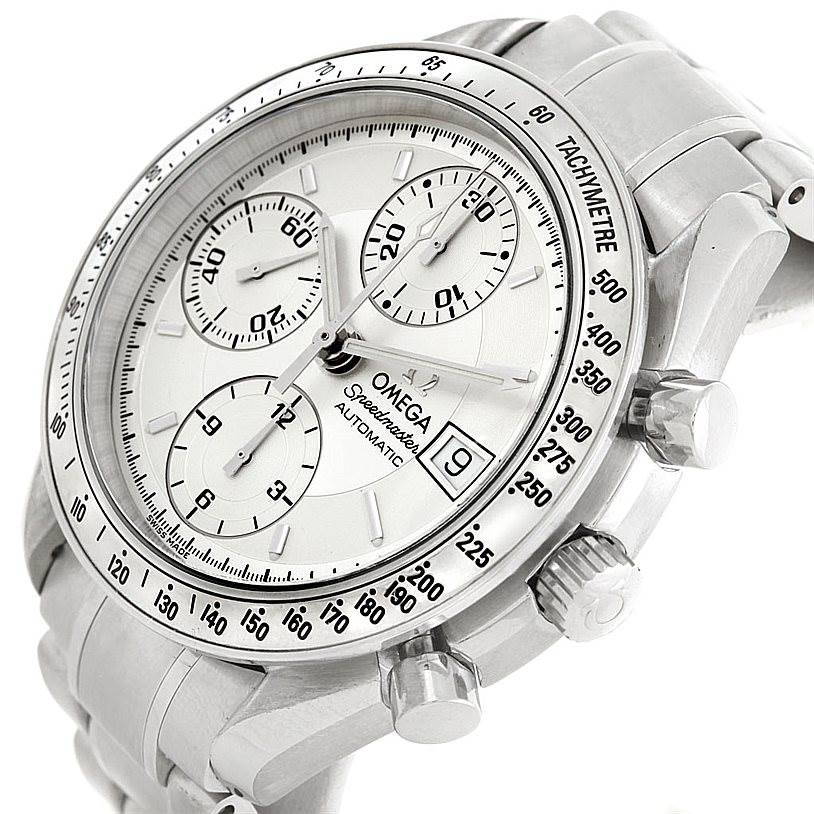 This image shows a close-up of the Omega Speedmaster 3513.30.00 Men
s Stainless Steel Silver Dial 3513.30.00 Men
s Stainless Steel Silver Dial watch, highlighting its face, subdials, tachymeter, and crown at an angled view.