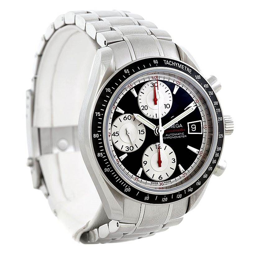 The image shows the Omega Speedmaster 3210.51.00 Men's Stainless Steel Black Dial 3210.51.00 Men's Stainless Steel Black Dial watch at a slight side angle, displaying its face, bezel, crown, and stainless steel bracelet.