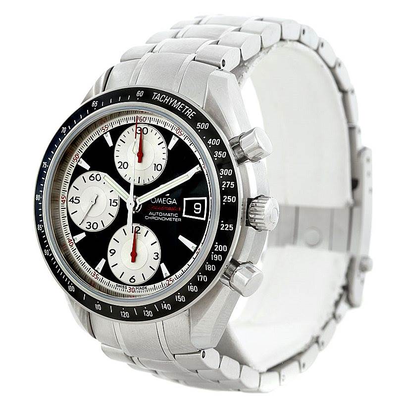 This Omega Speedmaster 3210.51.00 Men's Stainless Steel Black Dial 3210.51.00 Men's Stainless Steel Black Dial watch is shown at an angle highlighting its face, subdials, tachymeter bezel, and stainless steel bracelet.