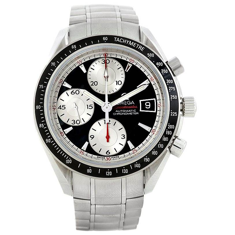 This is a frontal view of an Omega Speedmaster 3210.51.00 Men's Stainless Steel Black Dial 3210.51.00 Men's Stainless Steel Black Dial watch showing its dial, tachymeter bezel, and stainless steel bracelet.