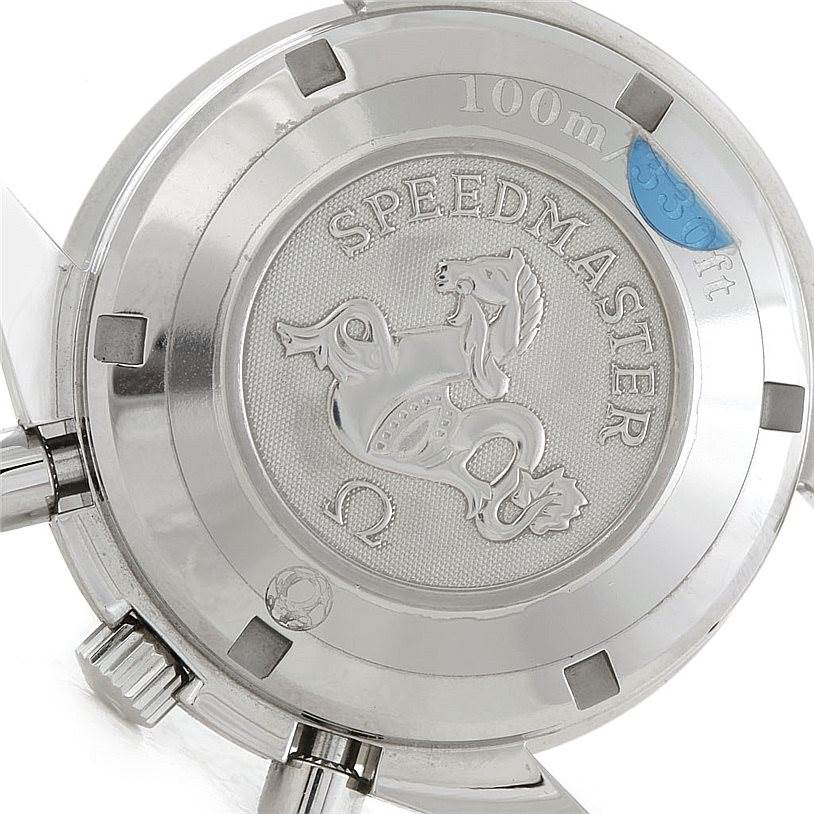 The image shows the back case of an Omega Speedmaster 3210.51.00 Men's Stainless Steel Black Dial 3210.51.00 Men's Stainless Steel Black Dial watch, highlighting the embossed logo and water resistance details.