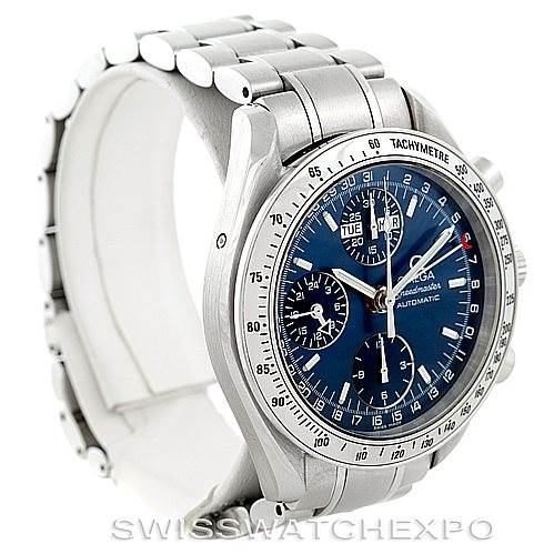The image shows an Omega Speedmaster 3523.80.00 Men
s Stainless Steel Blue Dial 3523.80.00 Men
s Stainless Steel Blue Dial watch from a three-quarter angle, highlighting the dial, bezel, and bracelet.