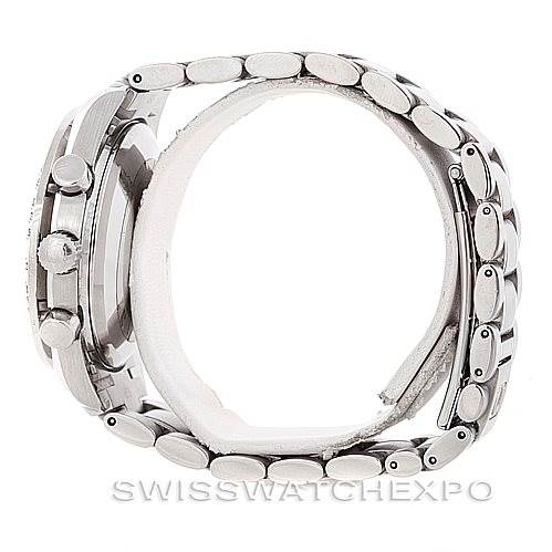 This image shows a side view of the Omega Speedmaster 3523.80.00 Men
s Stainless Steel Blue Dial 3523.80.00 Men
s Stainless Steel Blue Dial watch, highlighting the watch case, pushers, crown, and metal bracelet.