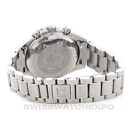 The image shows the back case and bracelet of the Omega Speedmaster 3523.80.00 Men
s Stainless Steel Blue Dial 3523.80.00 Men
s Stainless Steel Blue Dial watch from a rear angle.