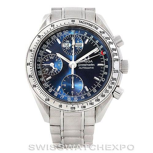 The Omega Speedmaster 3523.80.00 Men
s Stainless Steel Blue Dial 3523.80.00 Men
s Stainless Steel Blue Dial watch is shown from the front, displaying its bezel, dial, sub-dials, and bracelet.