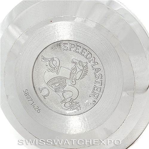 The image shows the engraved case back of an Omega Speedmaster 3523.80.00 Men
s Stainless Steel Blue Dial 3523.80.00 Men
s Stainless Steel Blue Dial watch.