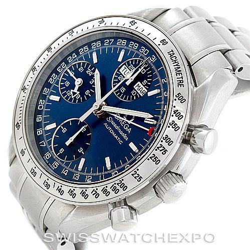 This is a close-up of the Omega Speedmaster 3523.80.00 Men
s Stainless Steel Blue Dial 3523.80.00 Men
s Stainless Steel Blue Dial watch face, showing the dials, bezel, and part of the metal bracelet.