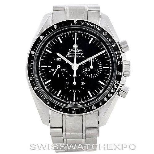 This image shows a full frontal view of the Omega Speedmaster 3570.50.00 Men
s Stainless Steel Black Dial 3570.50.00 Men
s Stainless Steel Black Dial watch, displaying its face, bezel, and bracelet.